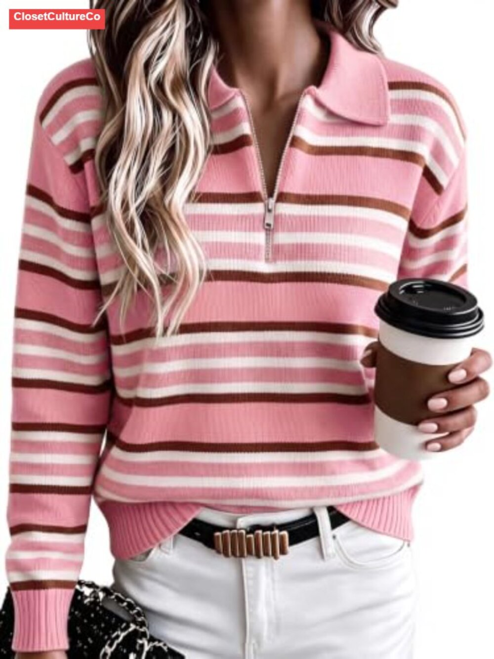 Quarter Zip Striped Knit Sweater Collared Long Sleeve Pullover Top